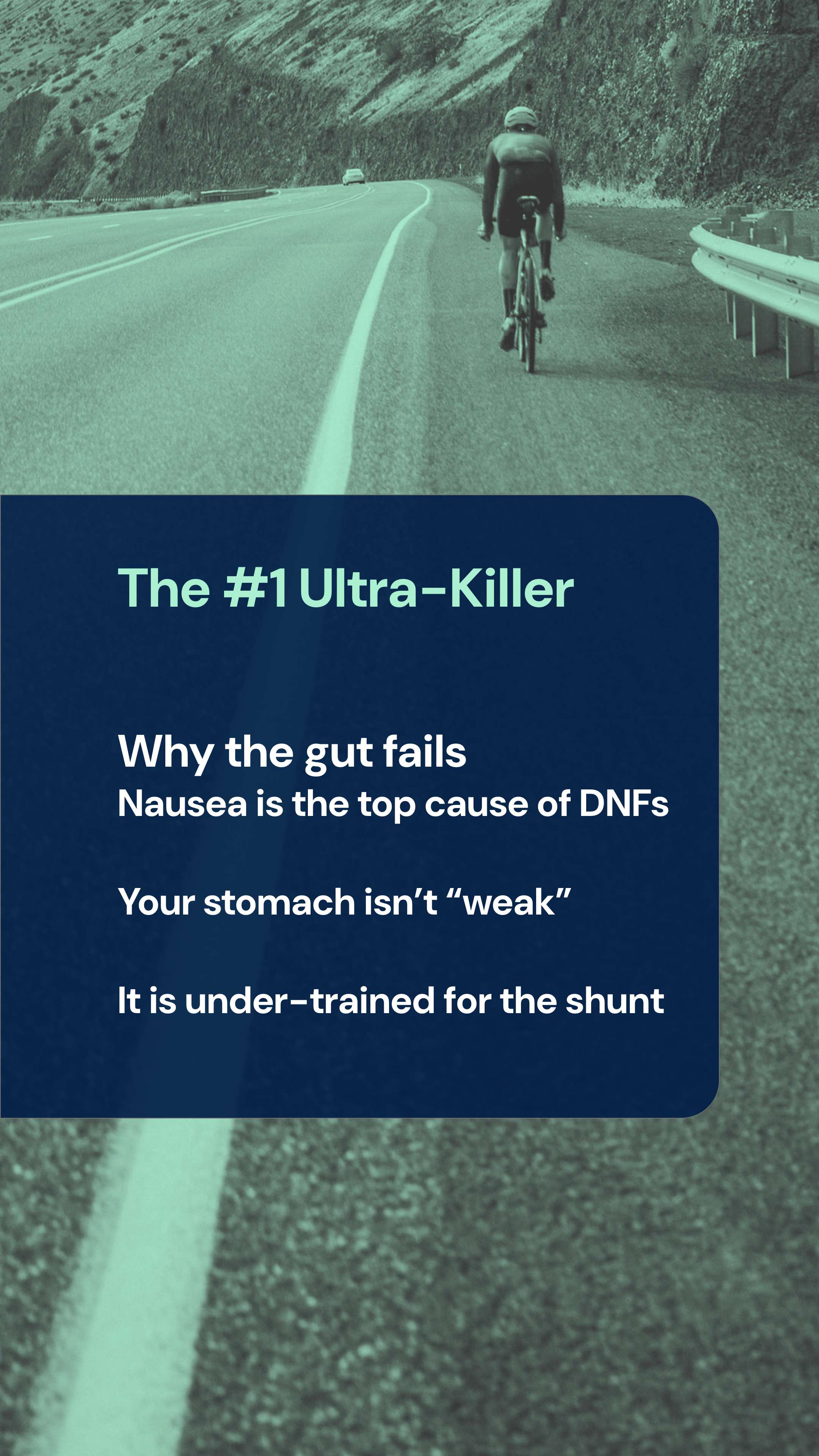 Infographic explaining why the gut fails during ultra-distance cycling due to blood shunting.